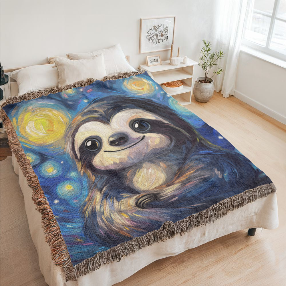 Starry Sloth Woven Blanket – Cozy Animal Art Decor with Whimsical Van Gogh Style