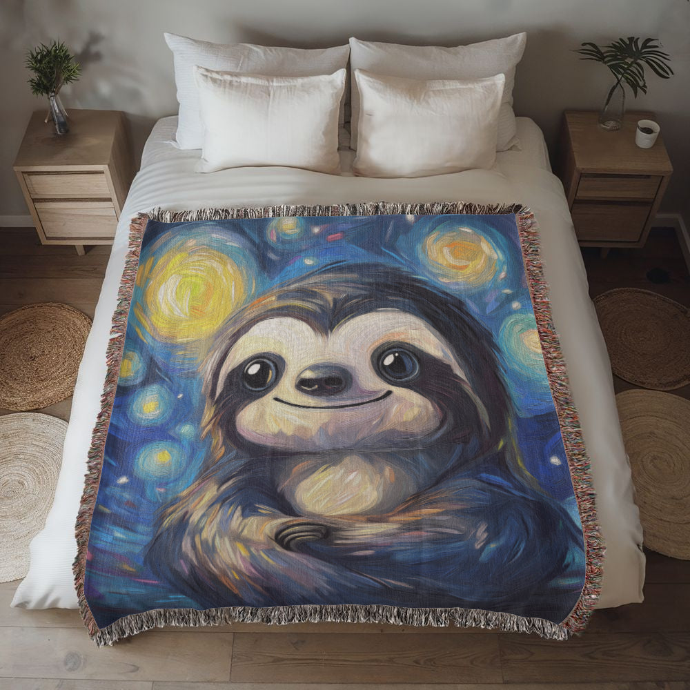 Starry Sloth Woven Blanket – Cozy Animal Art Decor with Whimsical Van Gogh Style