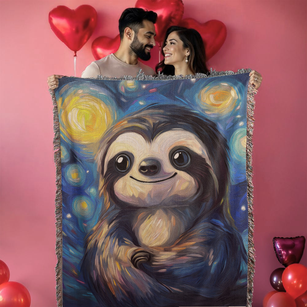 Starry Sloth Woven Blanket – Cozy Animal Art Decor with Whimsical Van Gogh Style