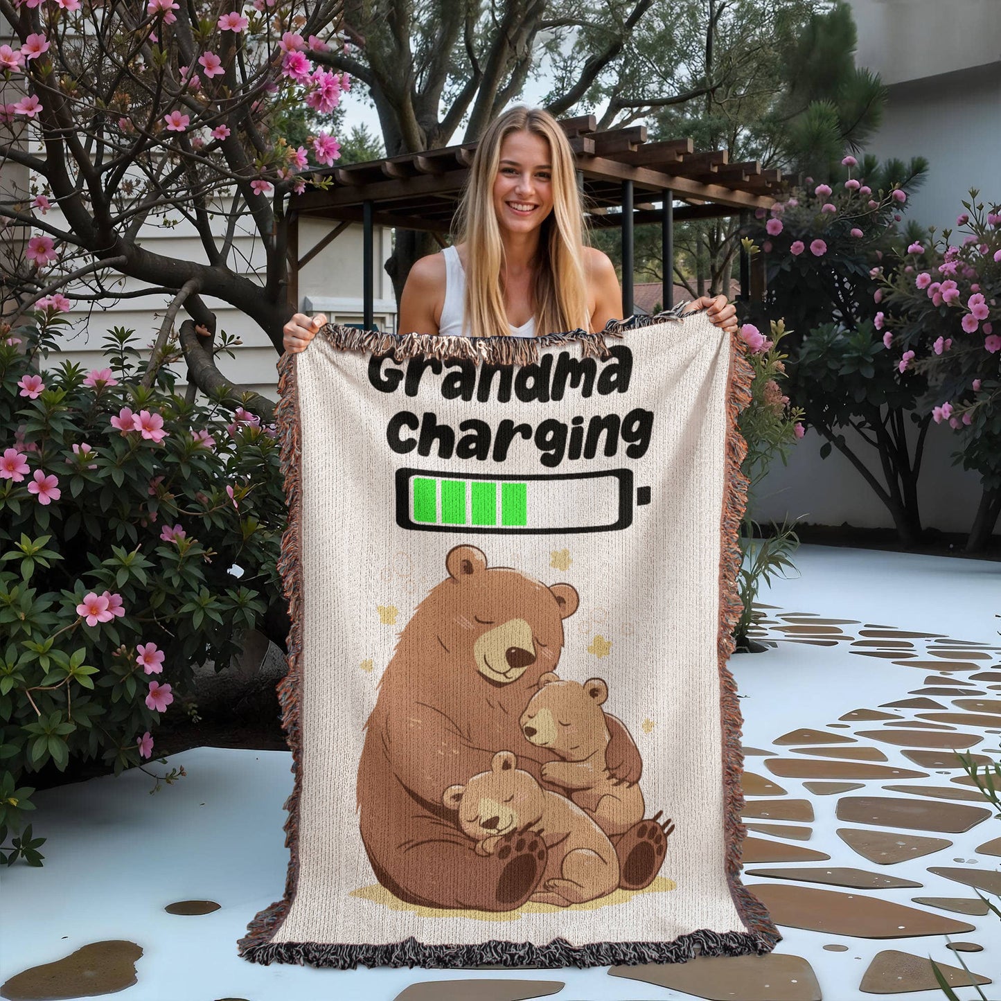 Grandma Charging Bear Blanket – Soft Fleece Throw for Grandmothers, Cozy Gift from Kids, Cute Grandma Bear and Cubs Design