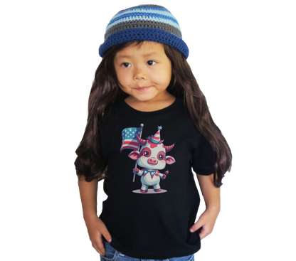 Adorable Pink Mini Cow Kids Shirt - Patriotic Cartoon Design, Cute 4th of July Tee, unisex cotton shirt